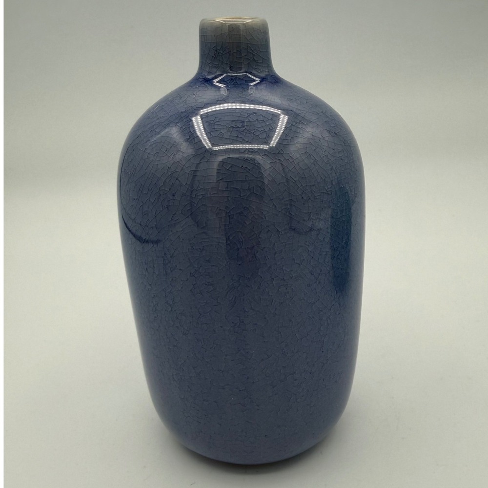 Crate and Barrel Perry Tall Vase Blue Crackle Finish 6" MCM Minimalist207-804